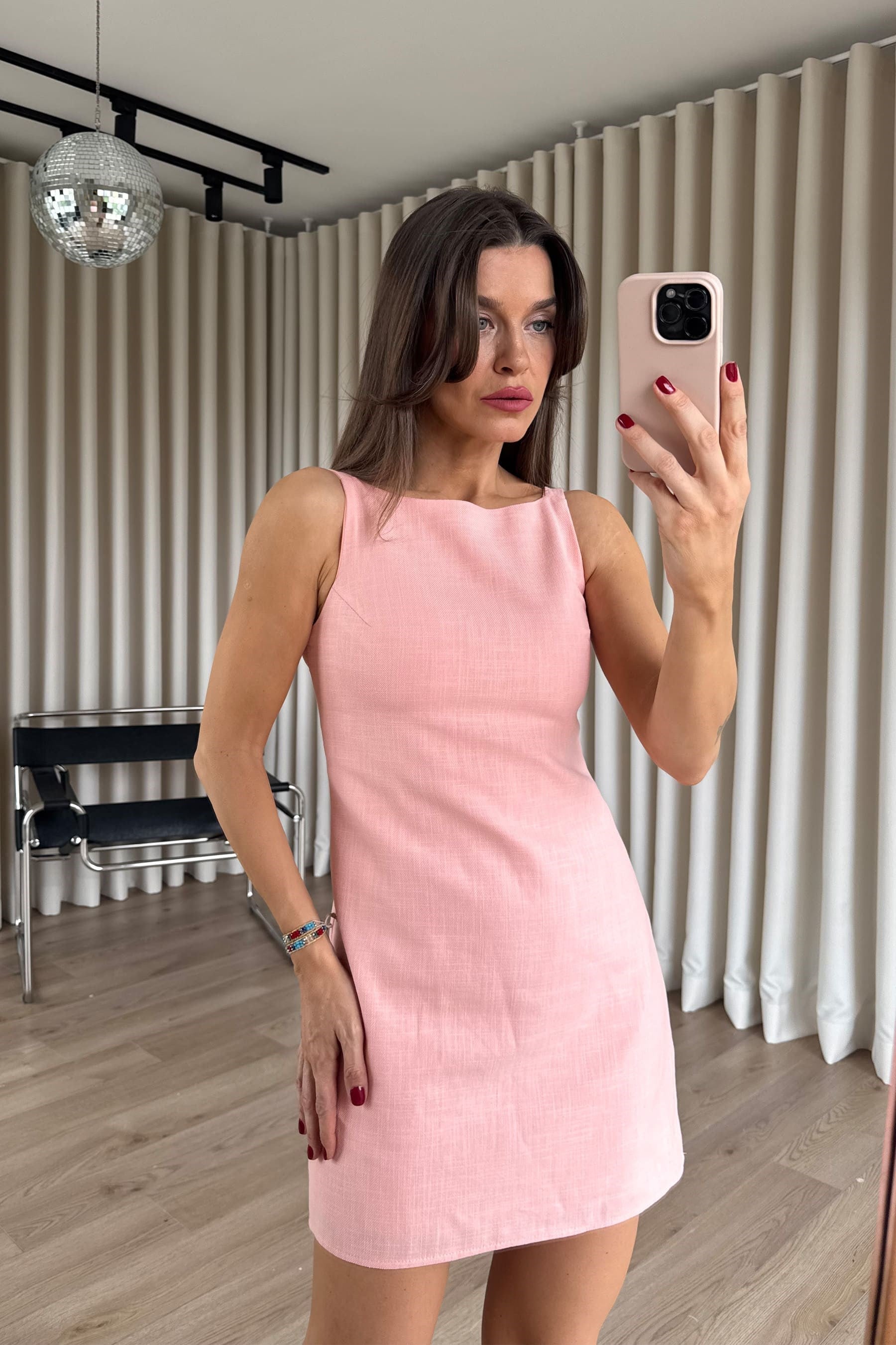 Somon Kare Yaka Askılı Astarlı Premium Keten Dokulu Elbise