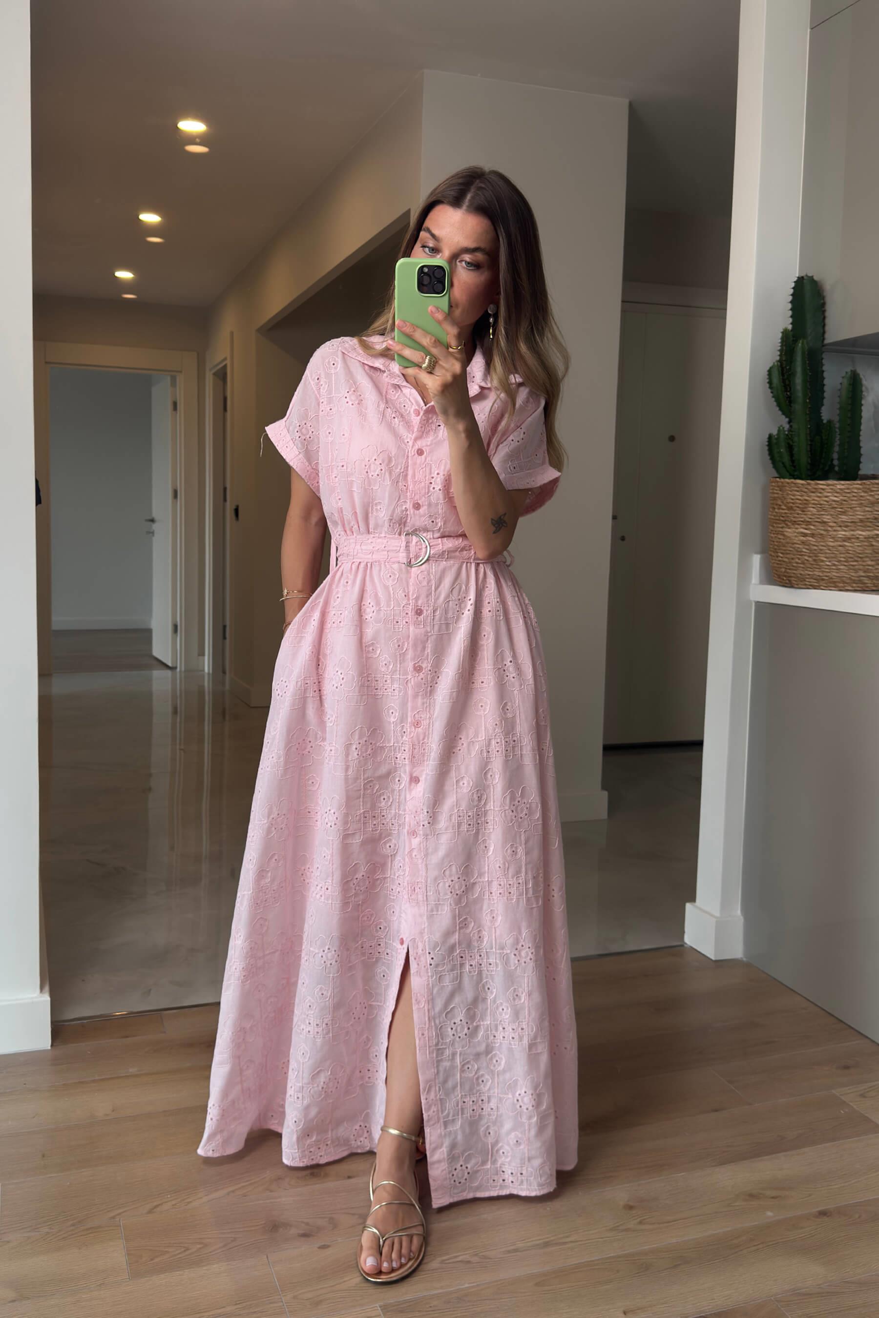 Toz Pembe Astarlı Kemerli Fisto Gömlek Elbise