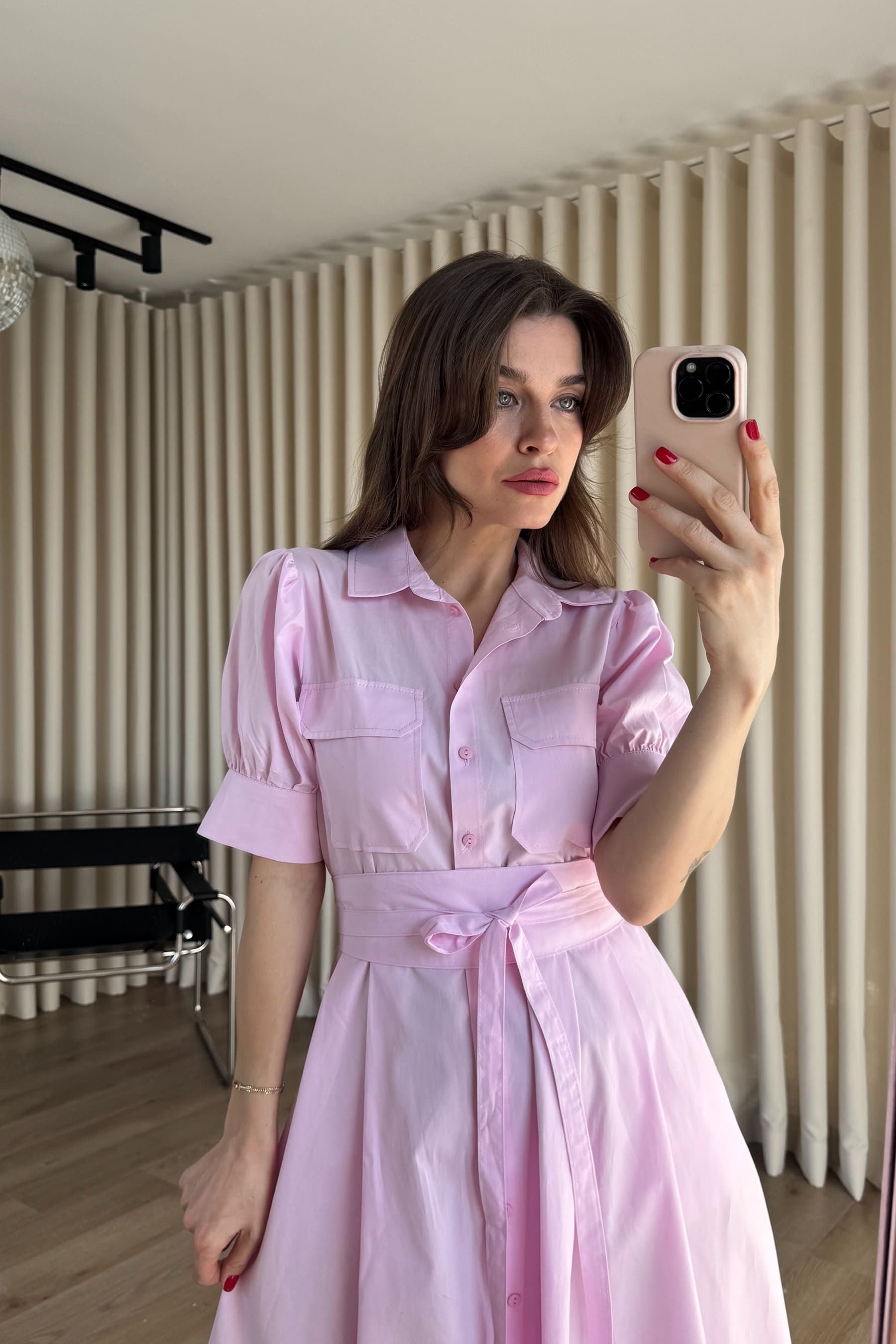 Toz Pembe Balon Kol Korse Detaylı Gömlek Elbise