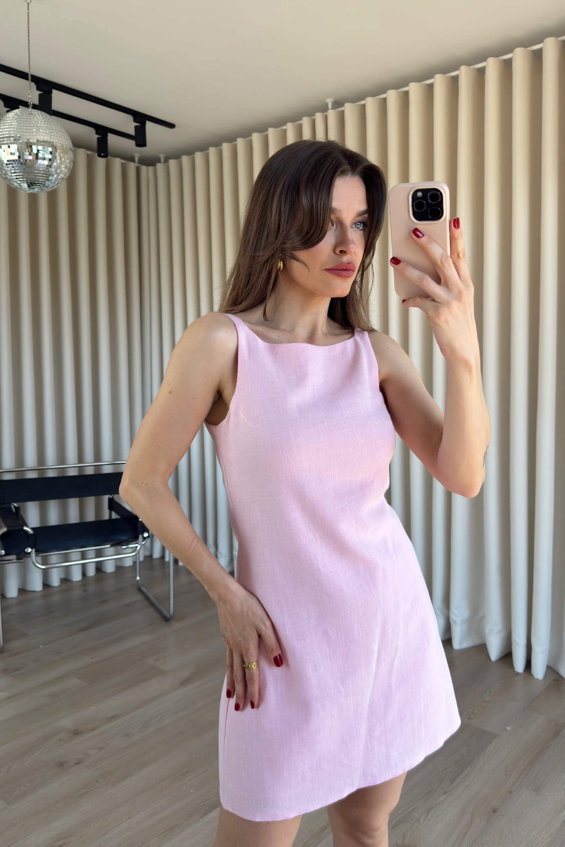 Toz Pembe Kare Yaka Askılı Astarlı Premium Keten Dokulu Elbise
