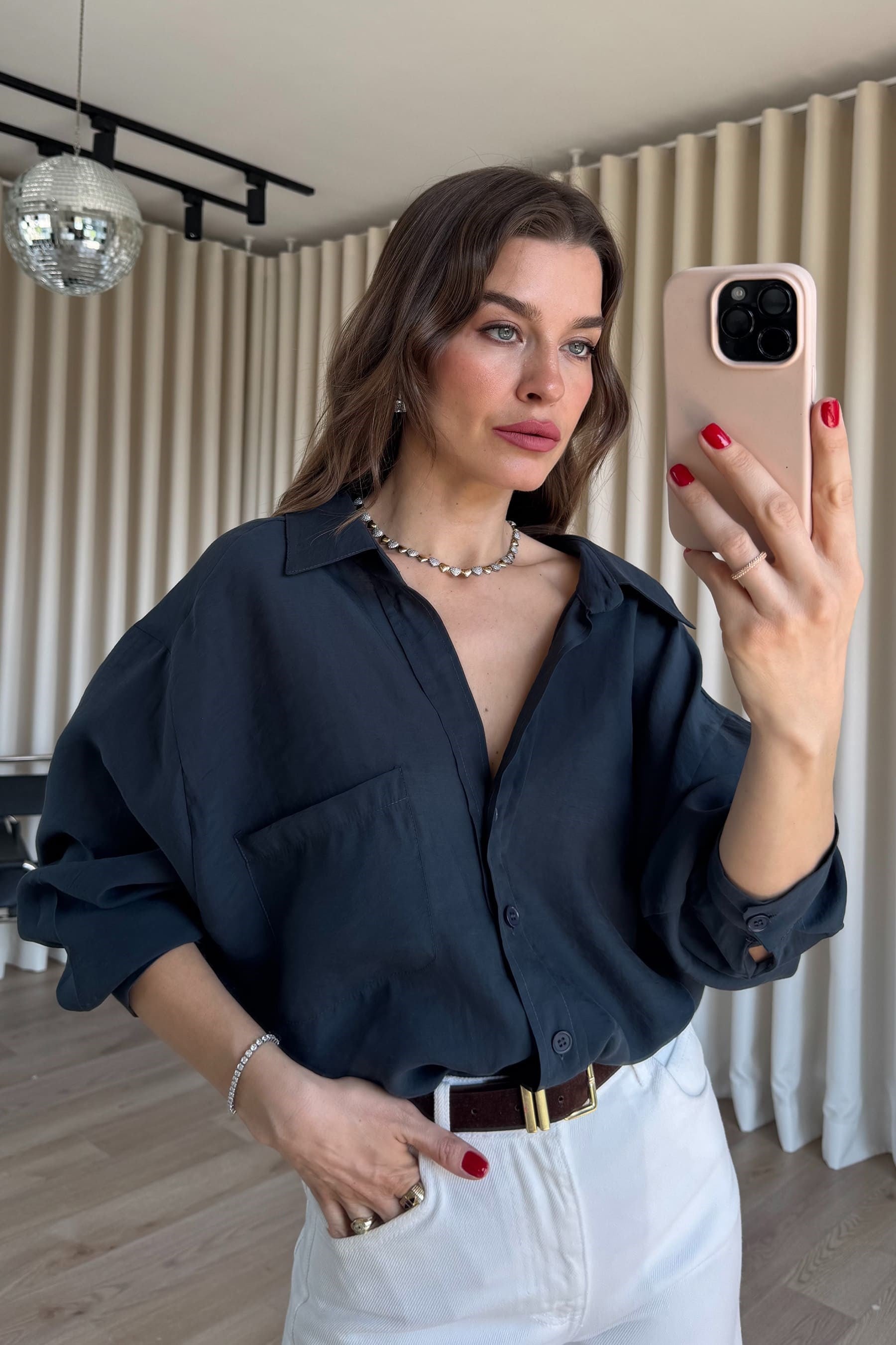 Vintage Lacivert Oversize Modal Kumaş Gömlek