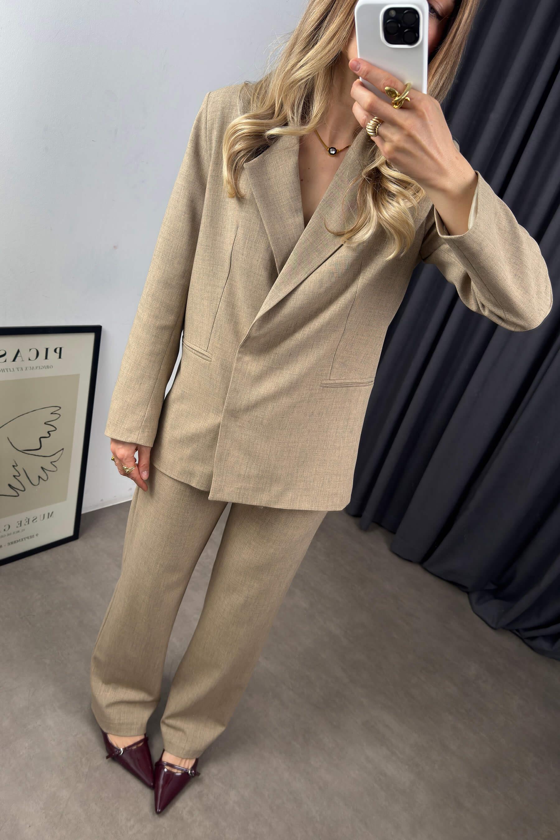 Vizon Keten Dokulu Çıtçıtlı Blazer Pantolon Takım