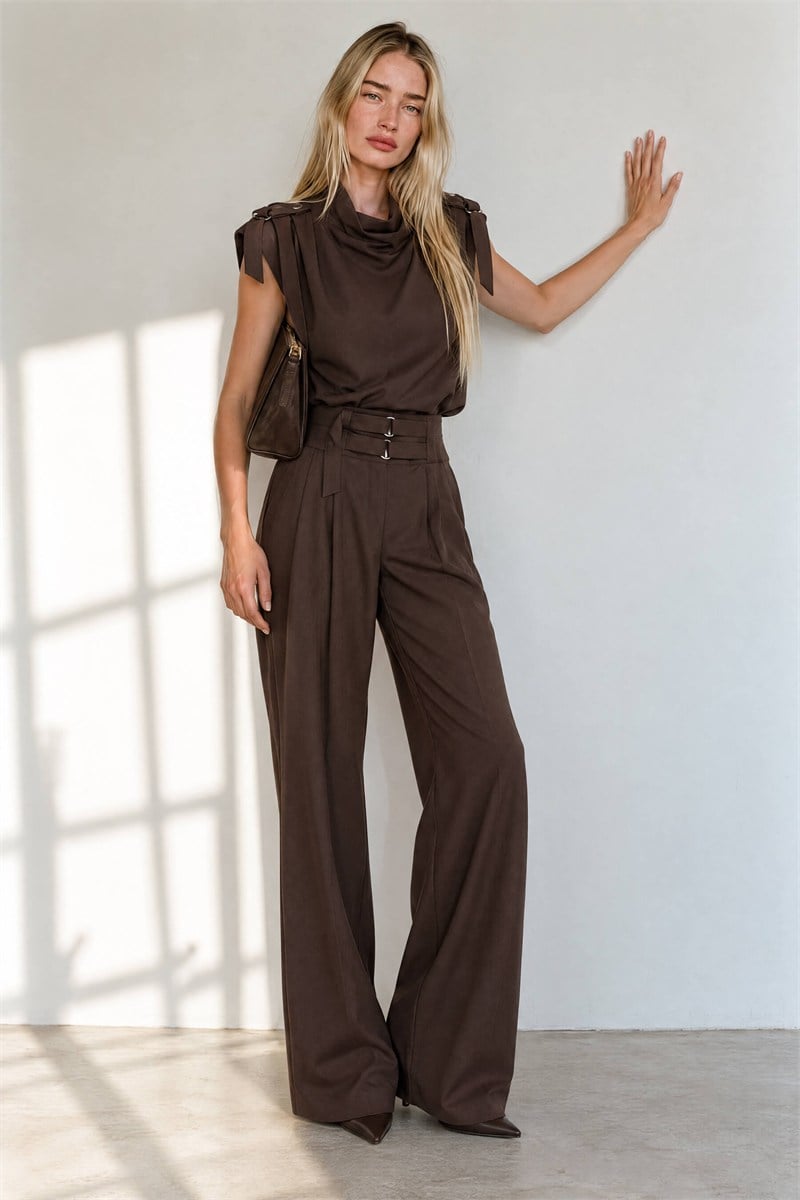 Acı Kahve Apolet Detaylı Bluz Pantolon Takım