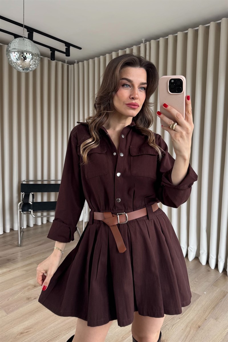 Acı Kahve Çıtçıtlı Eteği Pileli Kemerli Gabardin Gömlek Elbise