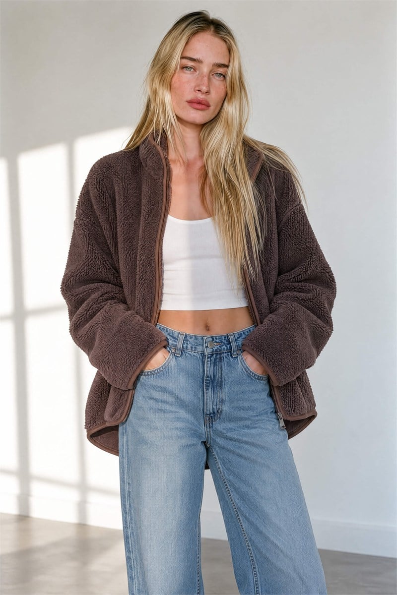 Acı Kahve Fermuarlı Oversize Peluş Sweatshirt