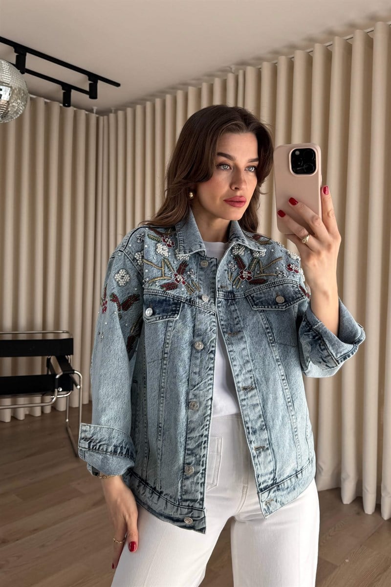 Açık Mavi Önü Boncuk İşlemeli Oversize Kot Ceket