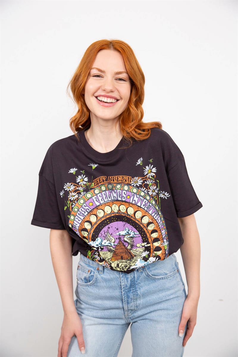 Antrasit Astroloji Desen Baskılı T-Shirt