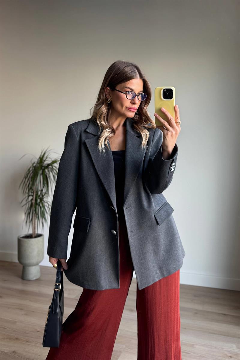 Antrasit Gümüş Düğmeli Astarlı Blazer Ceket