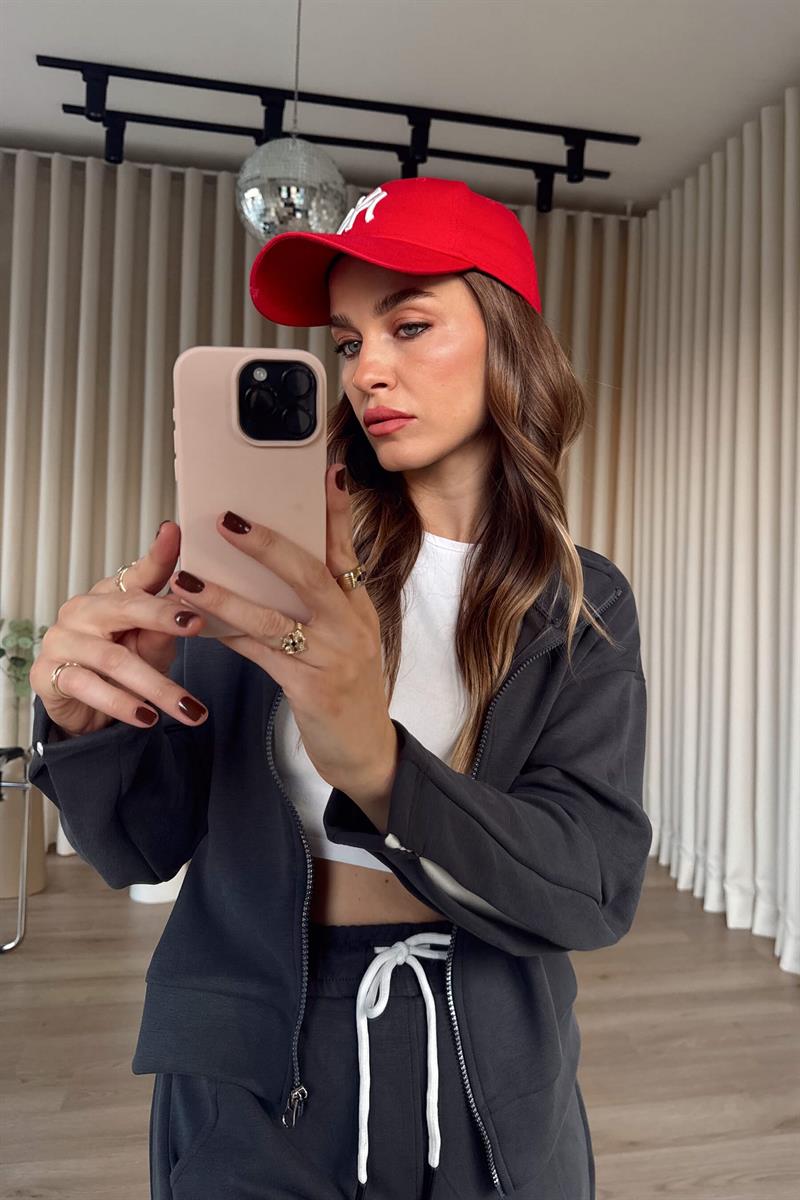 Antrasit Şerit Detaylı Fermuarlı Modal Eşofman Takımı