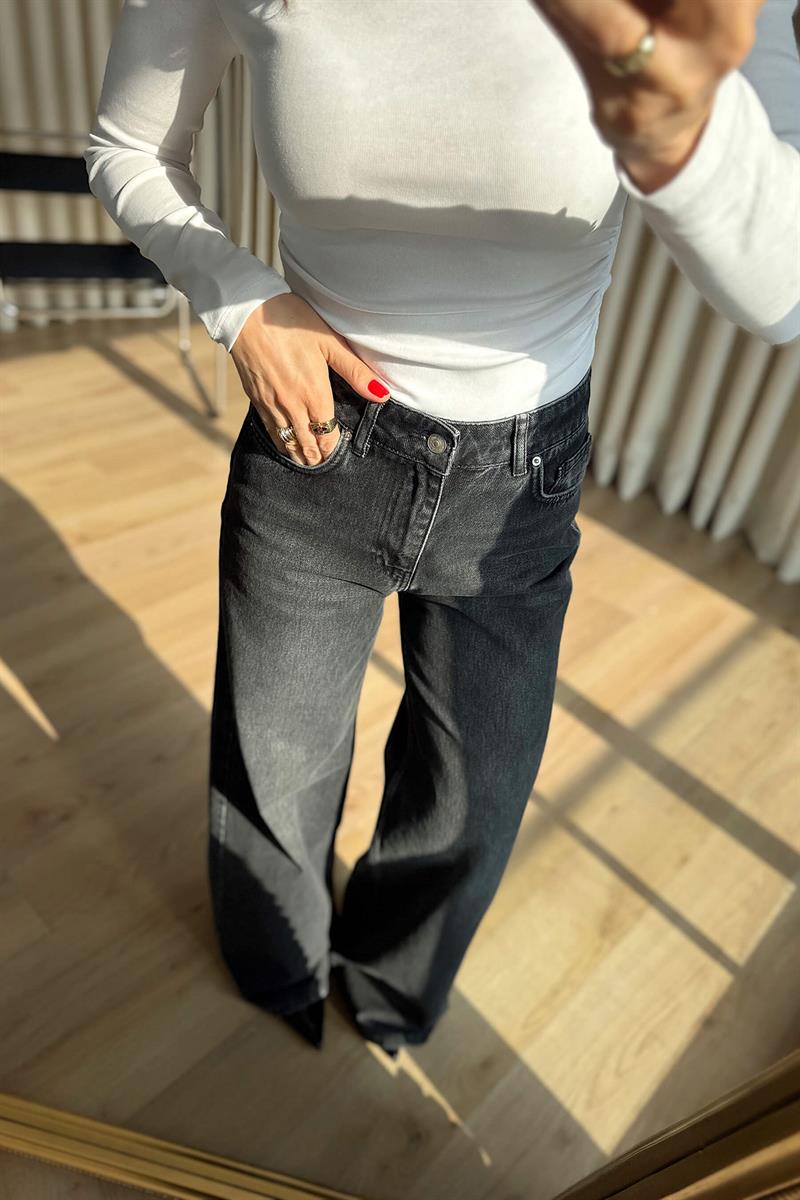 Antrasit Yıkamalı Wide Leg Jean