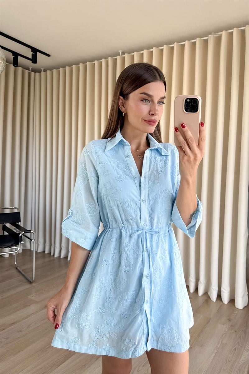 Bebe Mavisi Çiçekli Fisto Gömlek Elbise