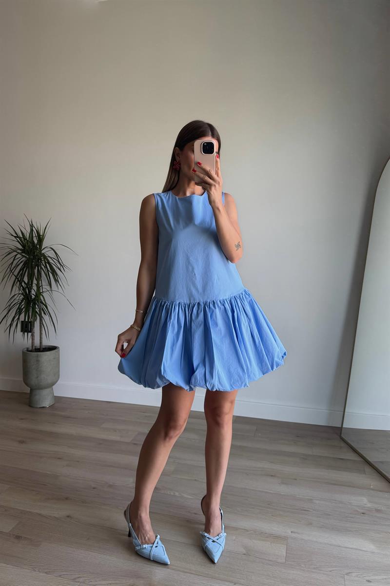 Bebe Mavisi Sıfır Kol Balon Etek Elbise