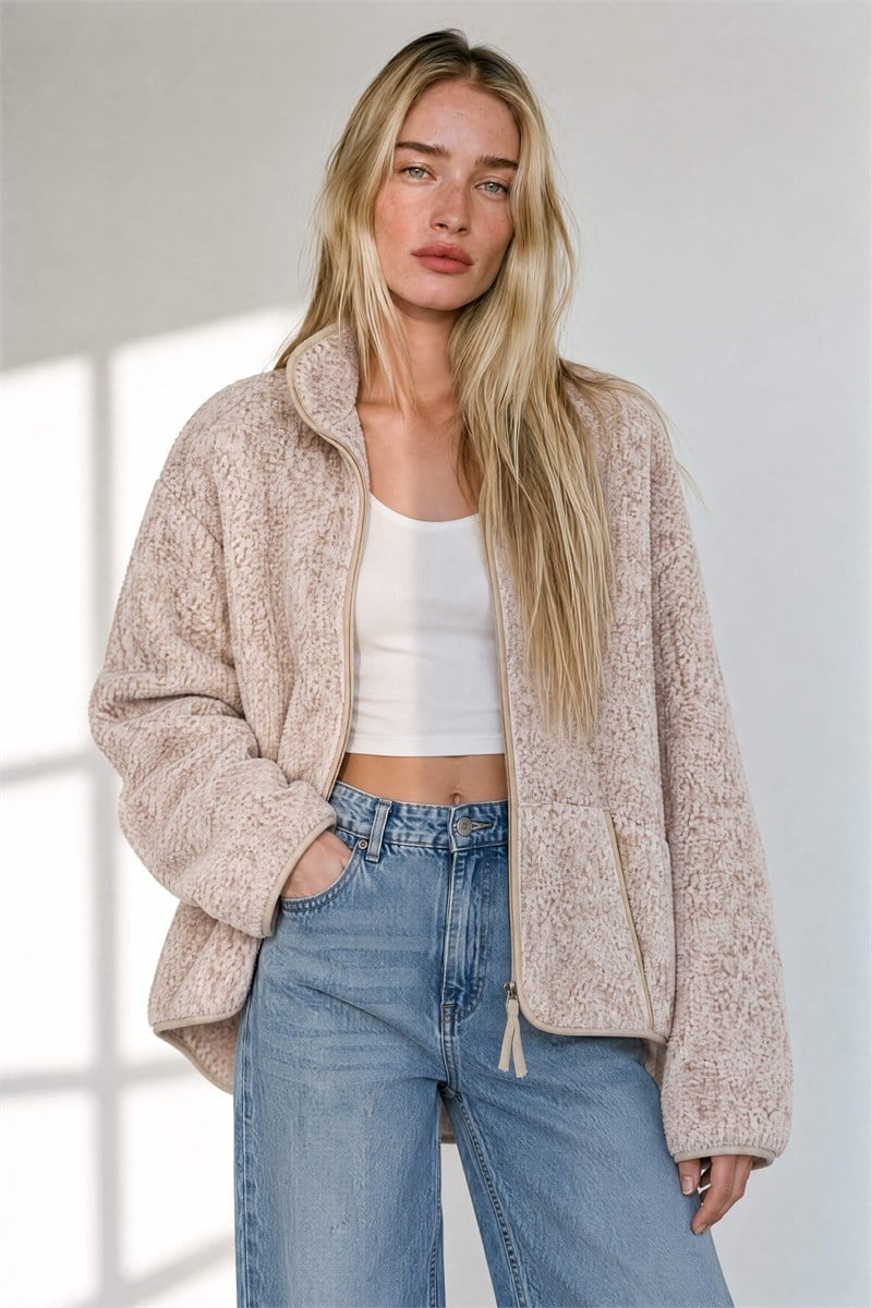 Bej Kahve Benekli Krem Biyeli Oversize Peluş Sweatshirt