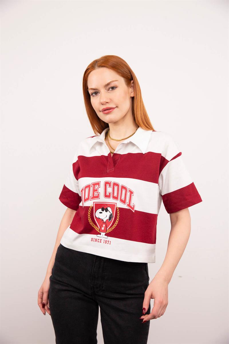Beyaz Kırmızı Çizgili Polo Yaka Crop T-Shirt