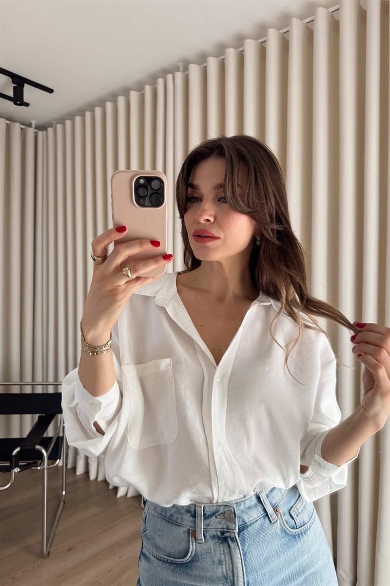 Beyaz Oversize Modal Kumaş Gömlek