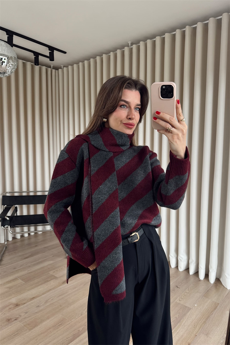 Bordo Antrasit Şeritli Atkılı Oversize Triko Kazak