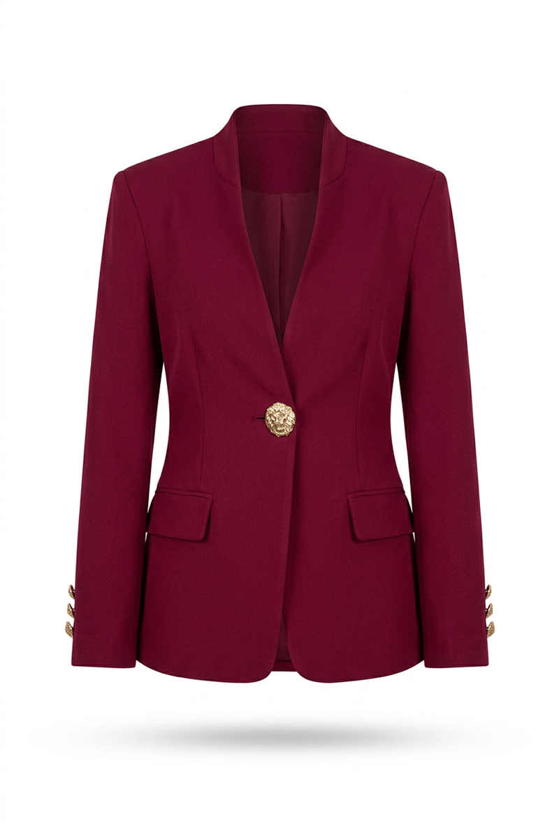Bordo Gold Rose Düğme Detaylı Hakim Yaka Blazer Ceket