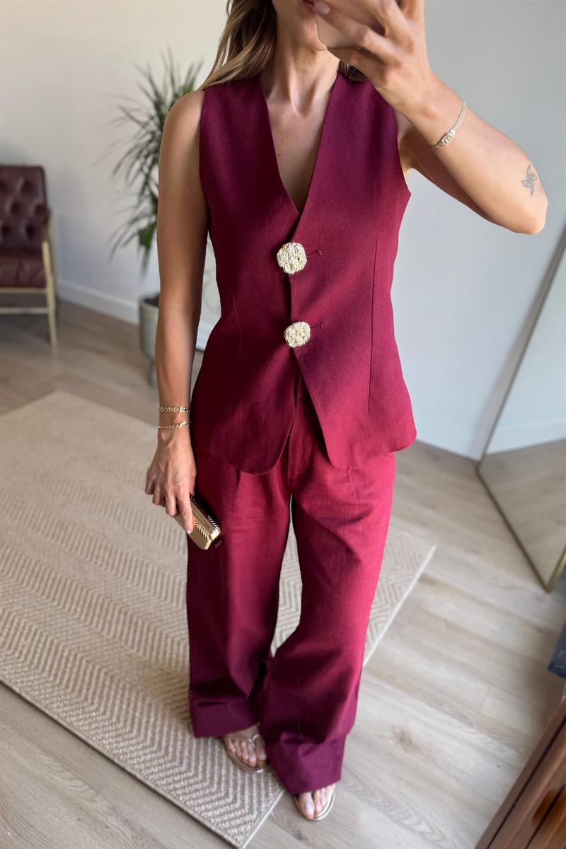 Bordo Gold Rose Düğmeli Yelek Bol Paça Yüksek Bel Pantolon Keten Takım