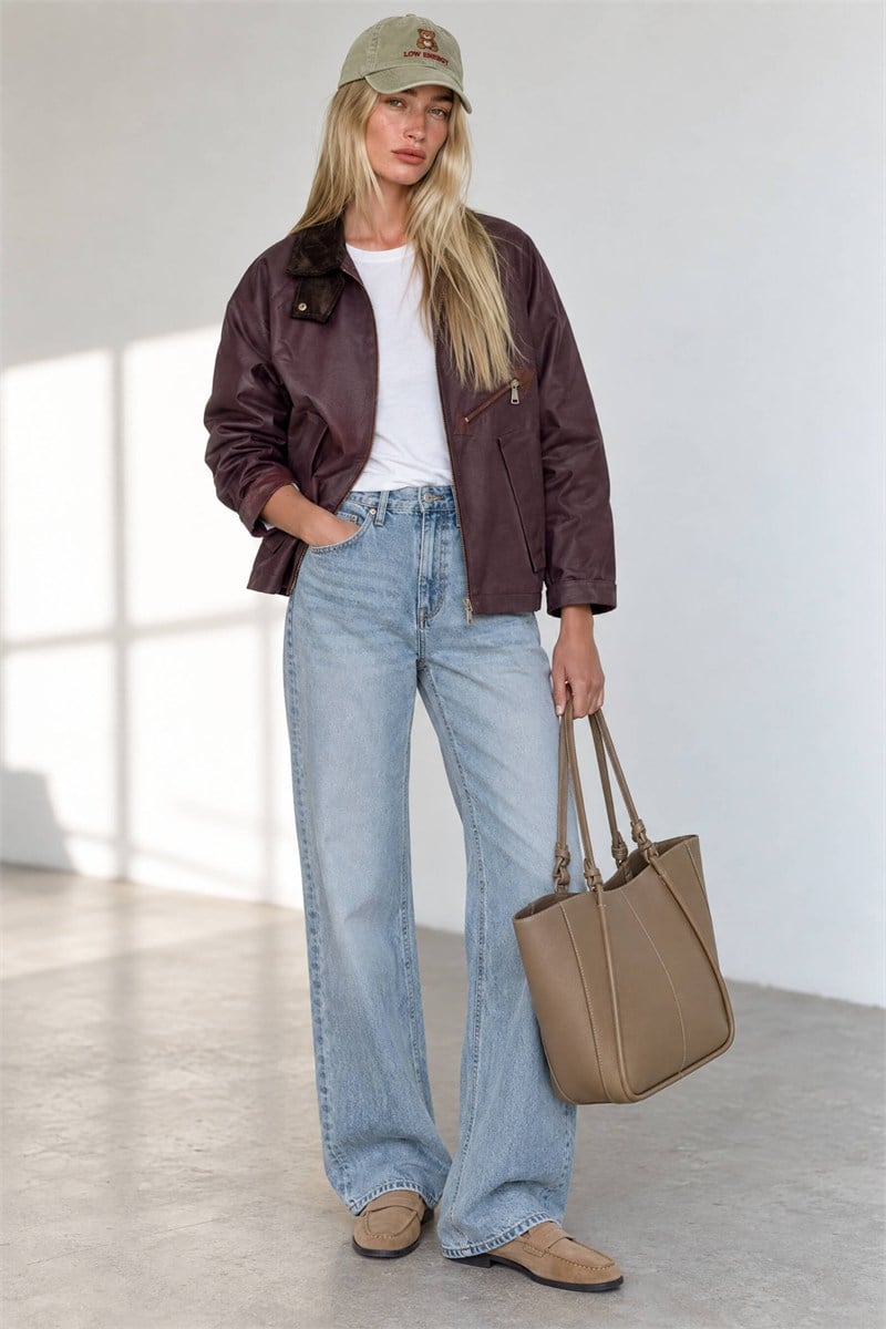 Bordo Kadife Yaka Ekose Astarlı Oversize Yağlı Ceket