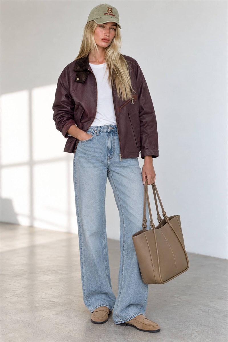 Bordo Kadife Yaka Ekose Astarlı Oversize Yağlı Ceket
