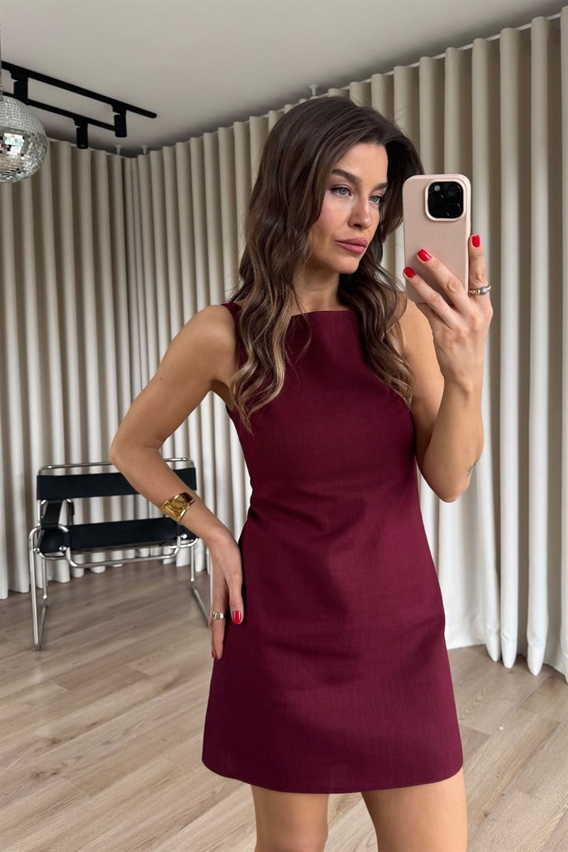 Bordo Kare Yaka Askılı Astarlı Premium Keten Dokulu Elbise