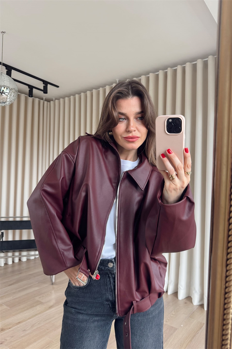 Bordo Kemer Detaylı Astarlı Oversize Bomber Deri Ceket