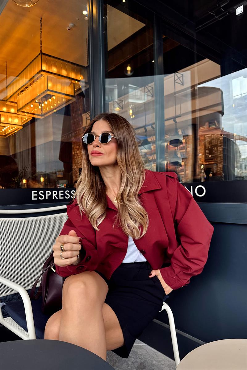 Bordo Pile Detaylı Astarlı Ceket