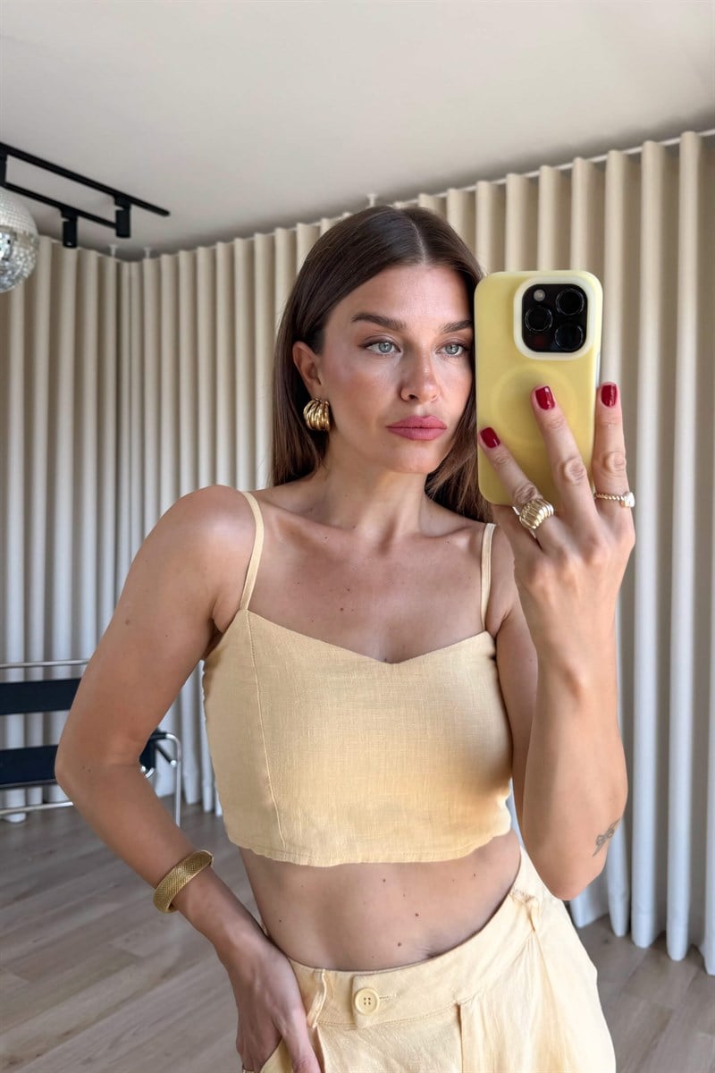 Butter Yellow Askılı Keten Büstiyer Pantolon Takım