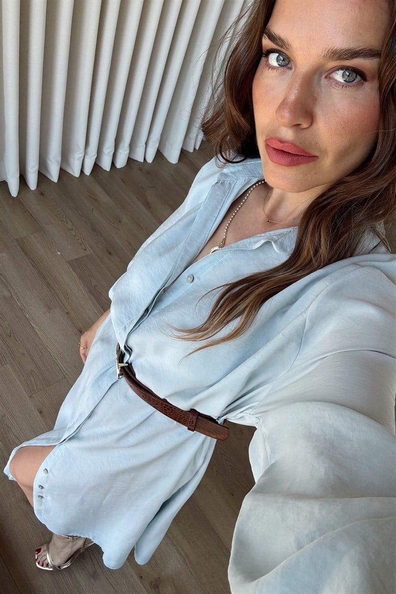 Buz Mavisi Oversize Kemerli Modal Gömlek Elbise