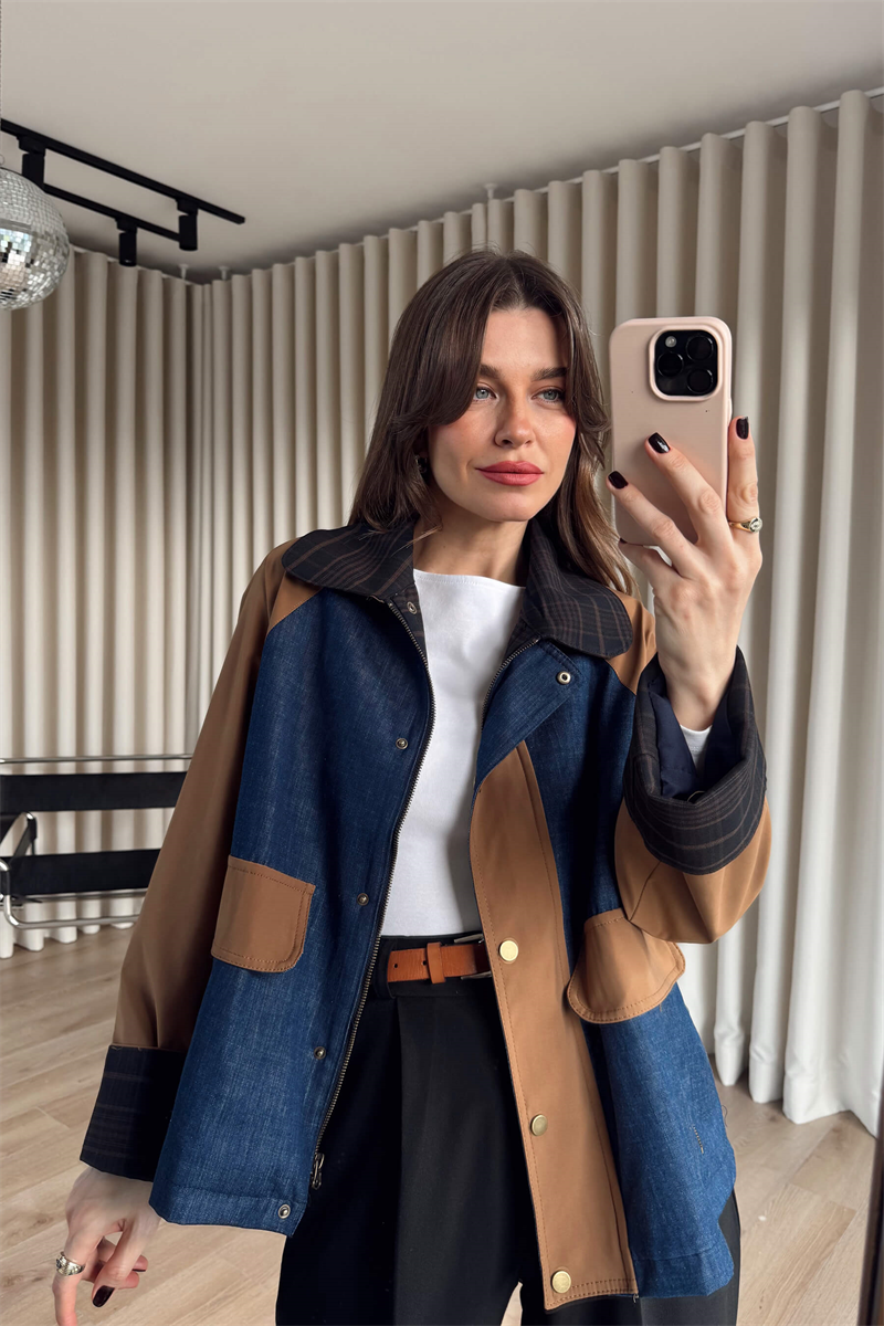 Camel Mavi Jean Detaylı Yakası Ekoseli Fermuarlı Oversize Ceket