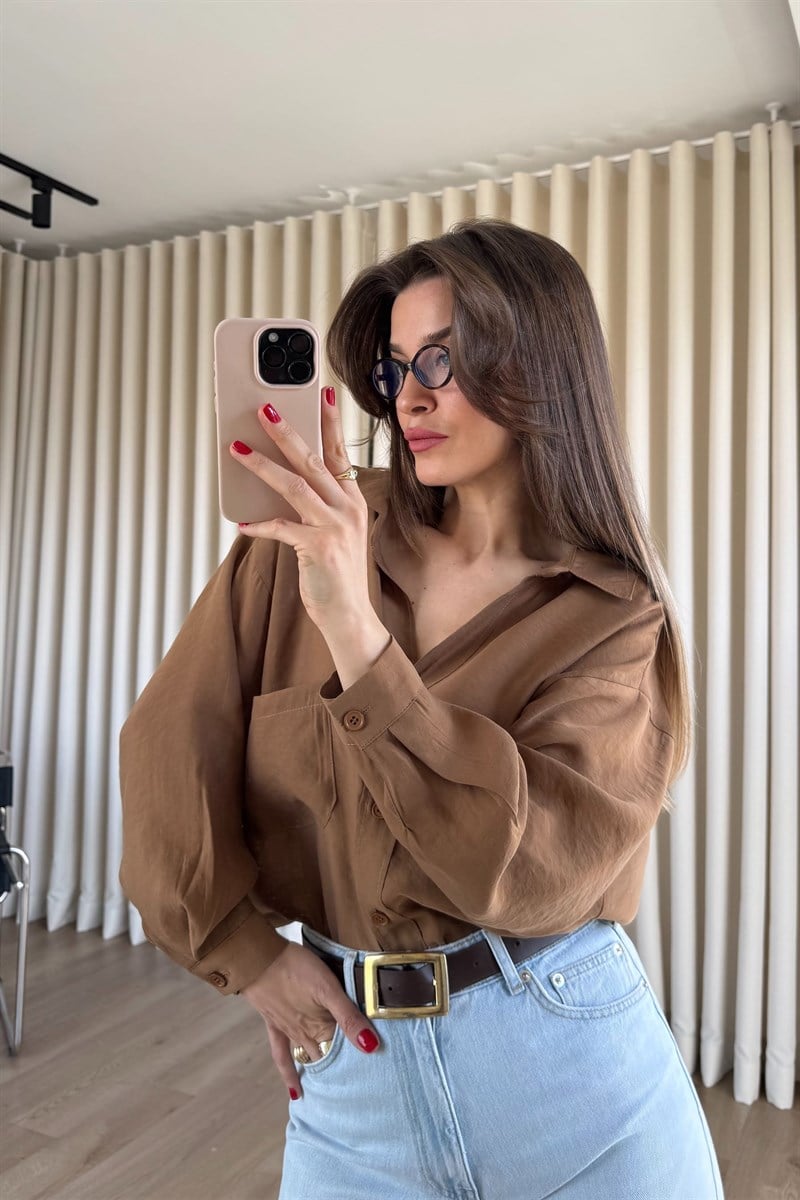 Camel Oversize Modal Kumaş Gömlek