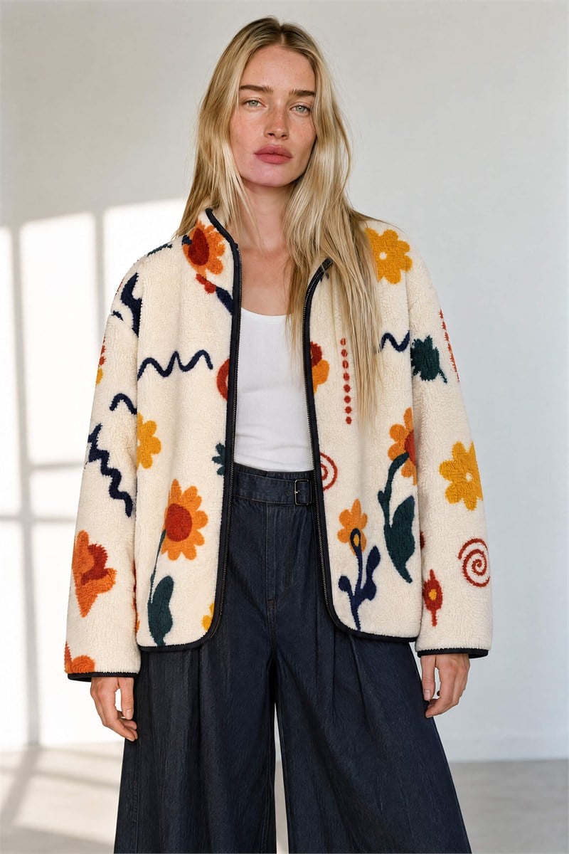 Ekru Lacivert Çiçek Desenli Fermuarlı Oversize Peluş Sweatshirt