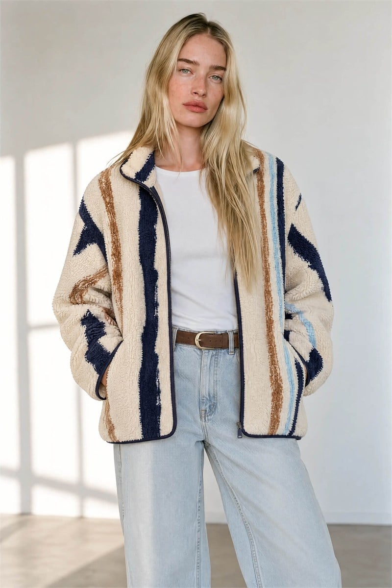 Ekru Lacivert Kahve Desenli Fermuarlı Oversize Peluş Sweatshirt