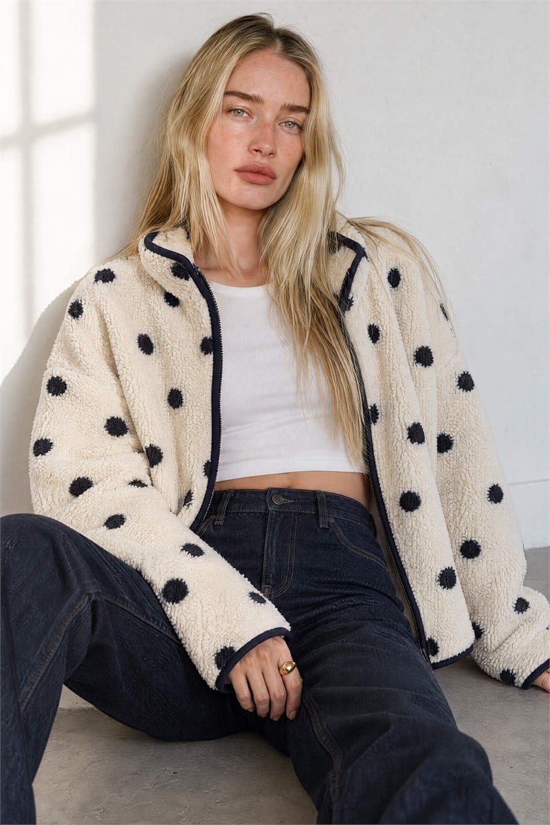 Ekru Lacivert Puantiyeli Fermuarlı Oversize Peluş Sweatshirt ÖN SİPARİŞ ALINMAKTADIR. 23.10.2026 TARİHİNDE KARGOYA VERİLECEKTİR
