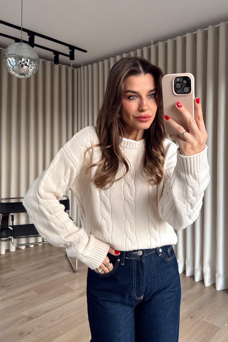 Ekru Örgü Model Triko Kazak