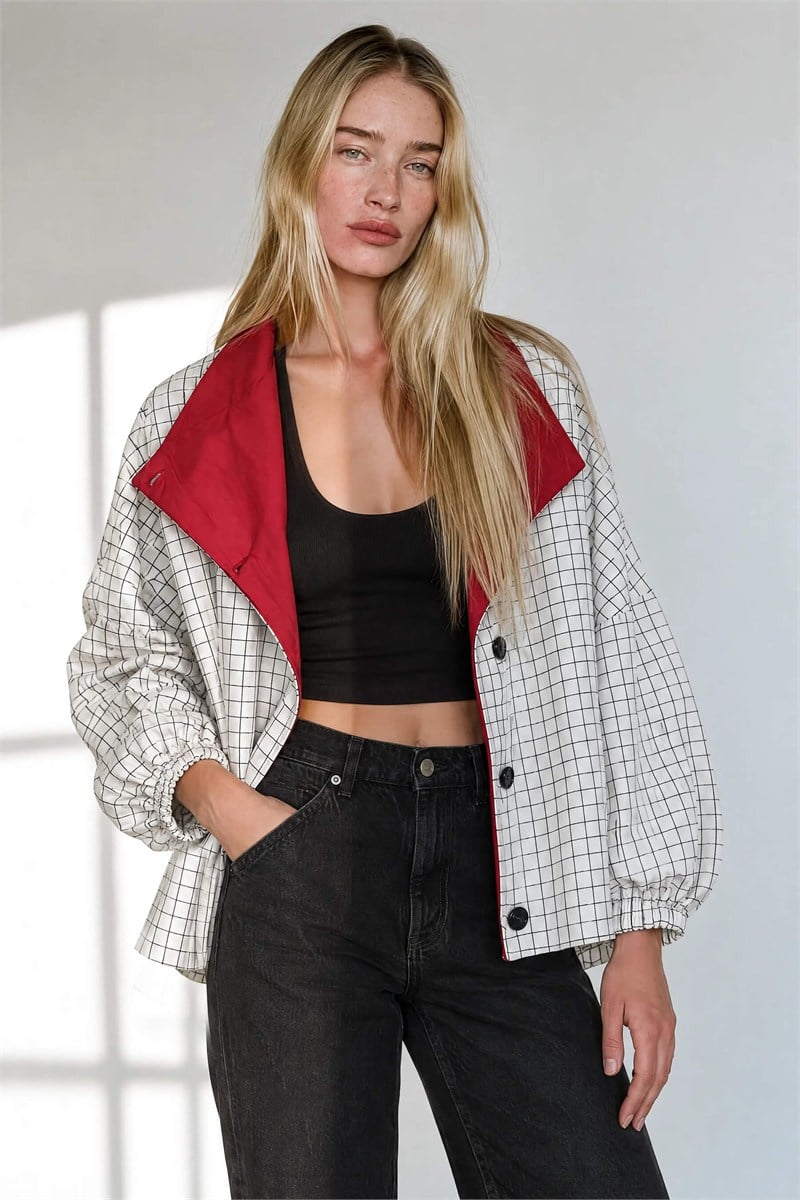 Ekru Siyah Kareli Dik Yaka Oversize Ceket