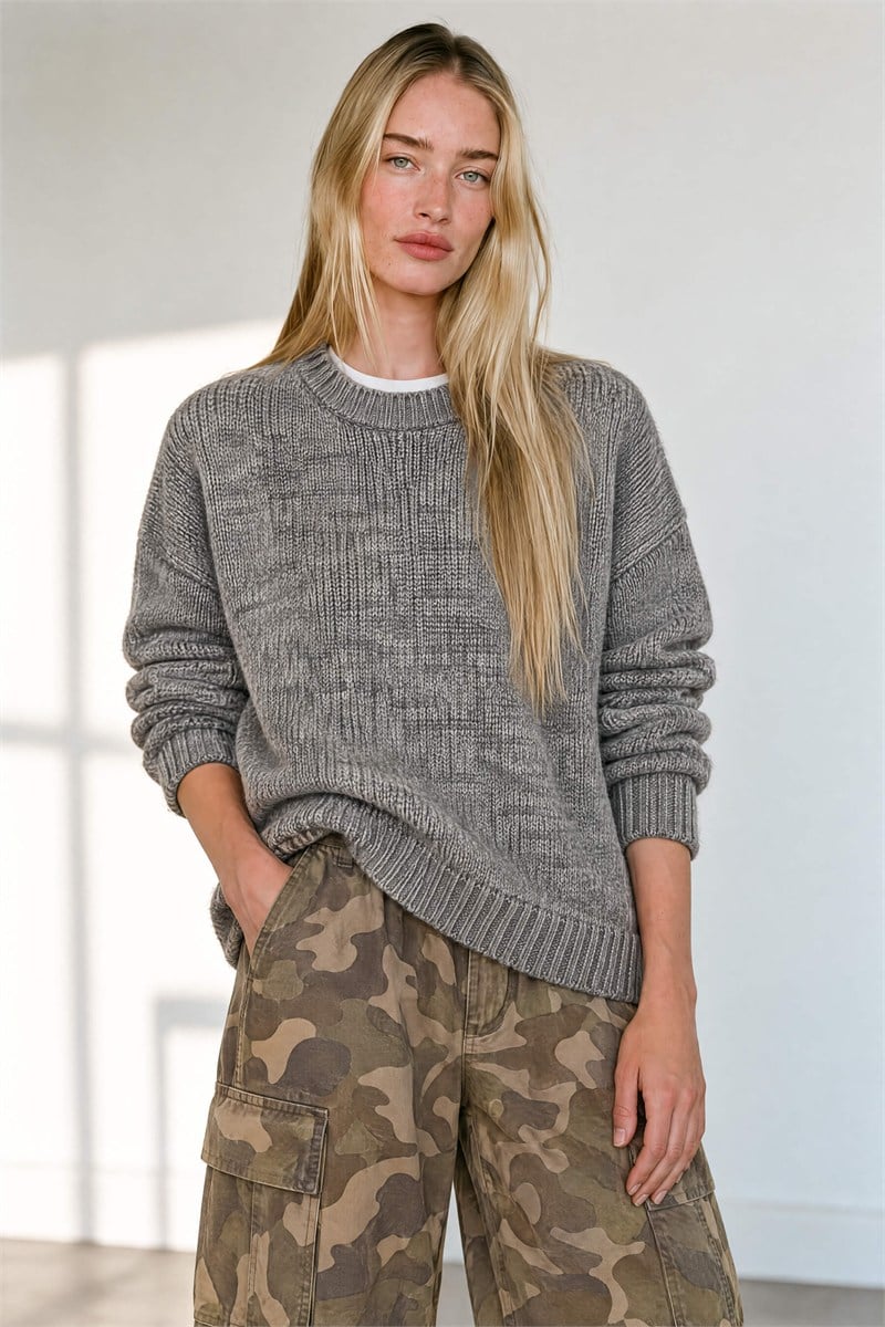 Gri Bisiklet Yaka Dokulu Oversize Kazak