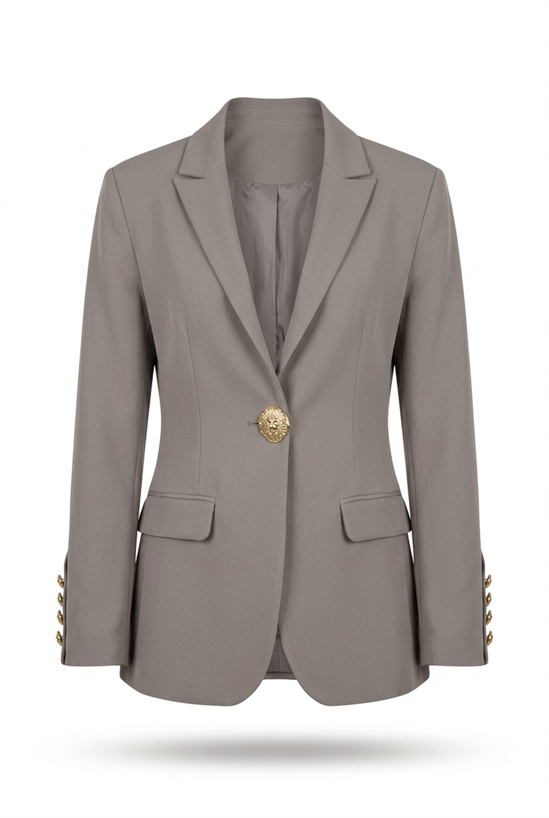 Gri Gold Rose Düğme Detaylı Hakim Yaka Blazer Ceket