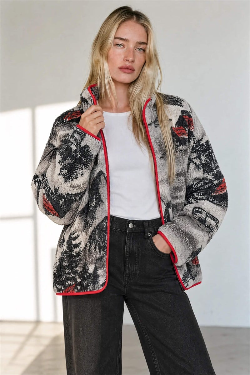Gri Kırmızı Siyah Kış Desenli Fermuarlı Oversize Peluş Sweatshirt