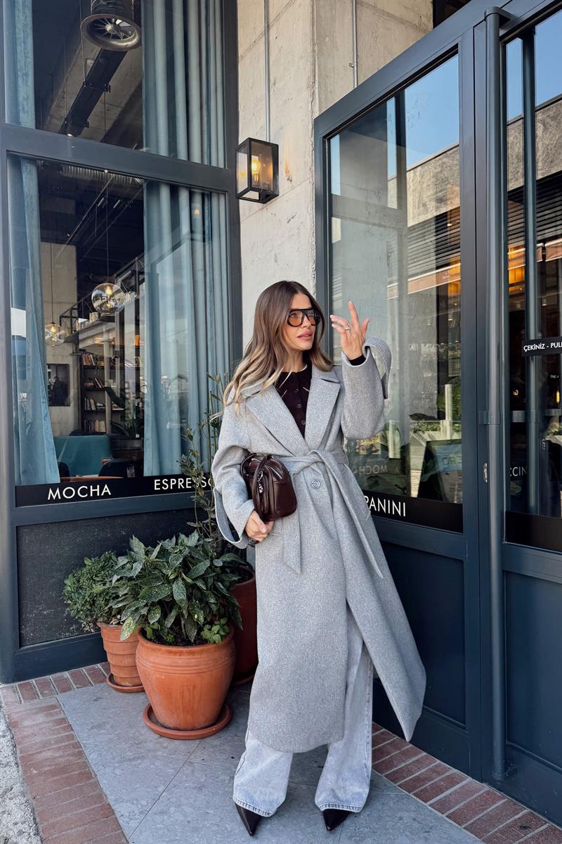 Gri Kuşaklı Astarlı Oversize Kol Detay Yün Kaban