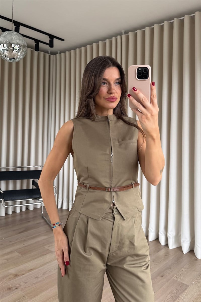 Haki Fermuarlı Yelek Pantolon Takım