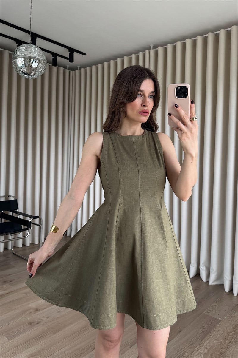 Haki Kolsuz Kloş Kesim Denim Mini Elbise