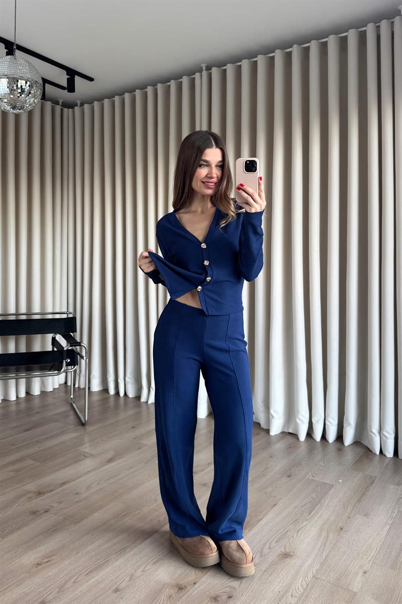 İndigo Gold Düğmeli Bluz Pantolon Soft Touch Takım