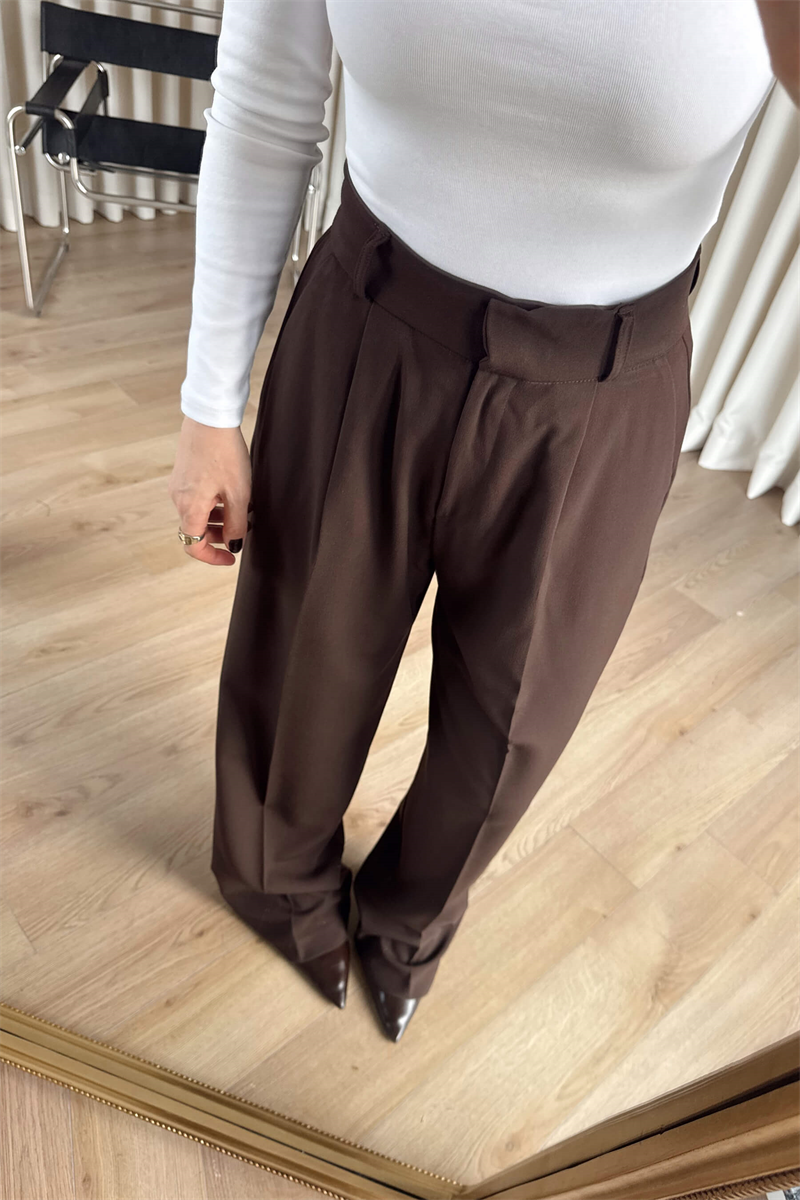 Kahverengi Beli Pileli Bol Paça Yüksek Bel Pantolon