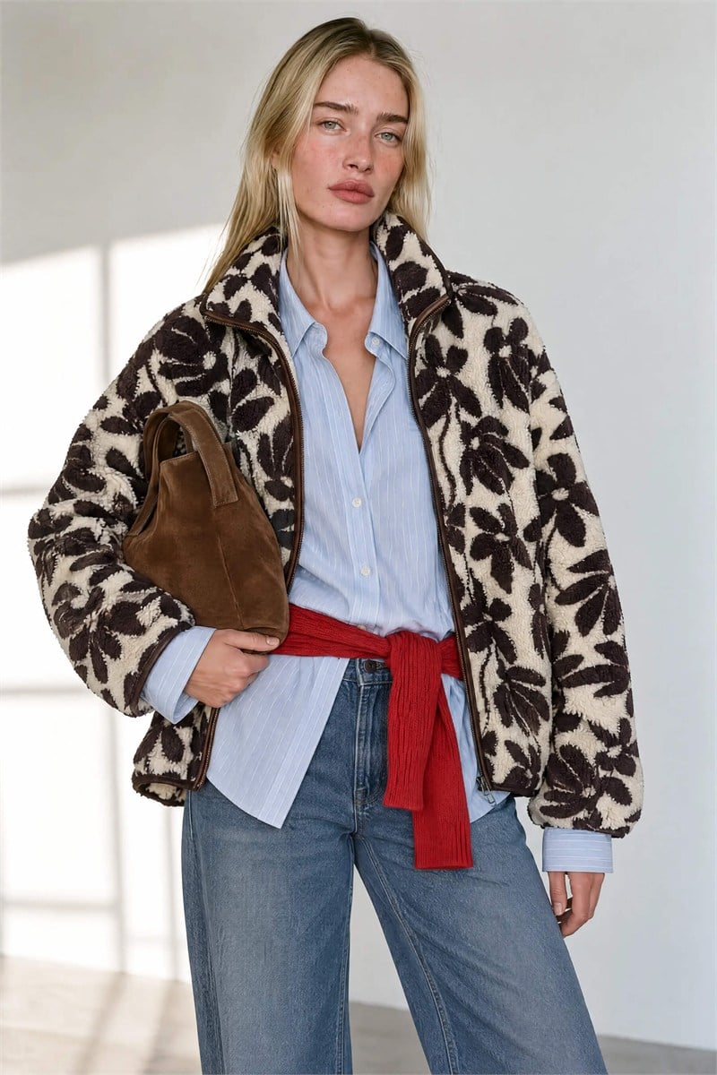 Kahverengi Ekru Papatya Desenli Fermuarlı Oversize Peluş Sweatshirt