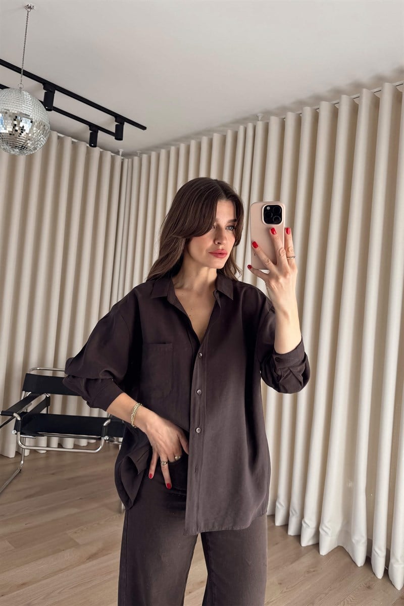 Kahverengi Oversize Modal Kumaş Gömlek