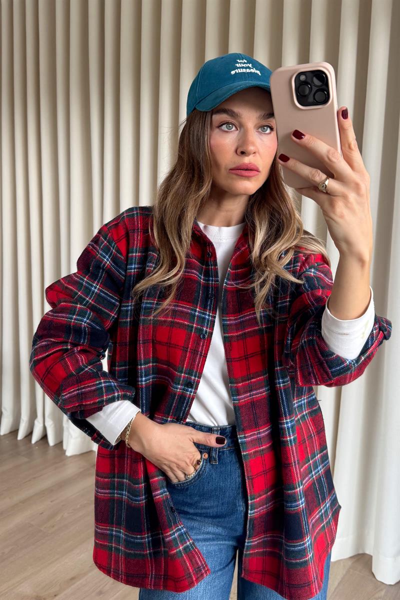 Kırmızı Lacivert Ekoseli Oversize Oduncu Gömlek