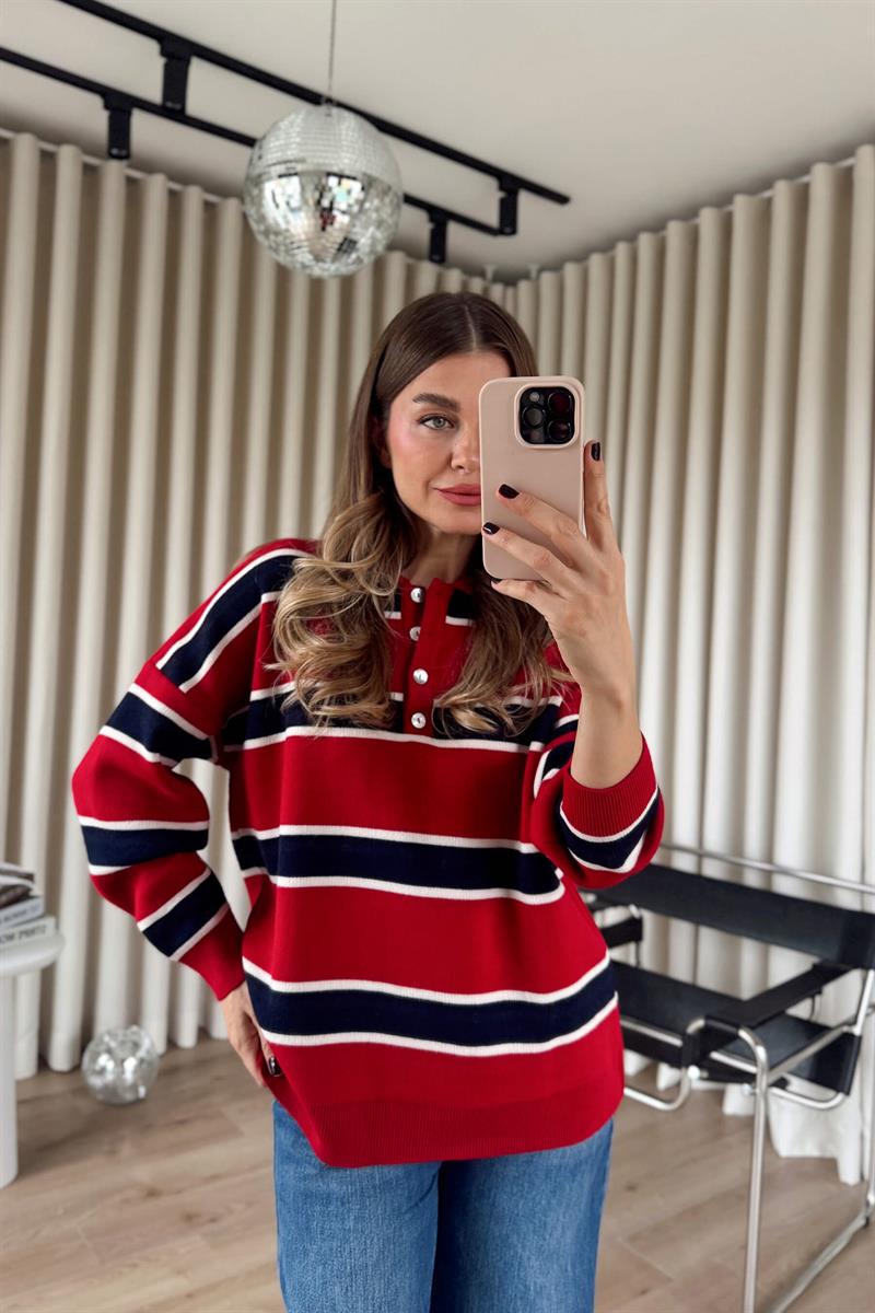 Kırmızı Polo Yaka Lacivert Çizgili Oversize Kazak
