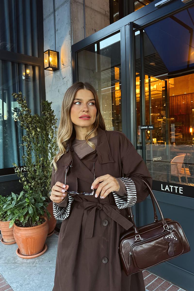 Koyu Kahve Kuşaklı Astarlı Maxi Boy Oversize Trençkot