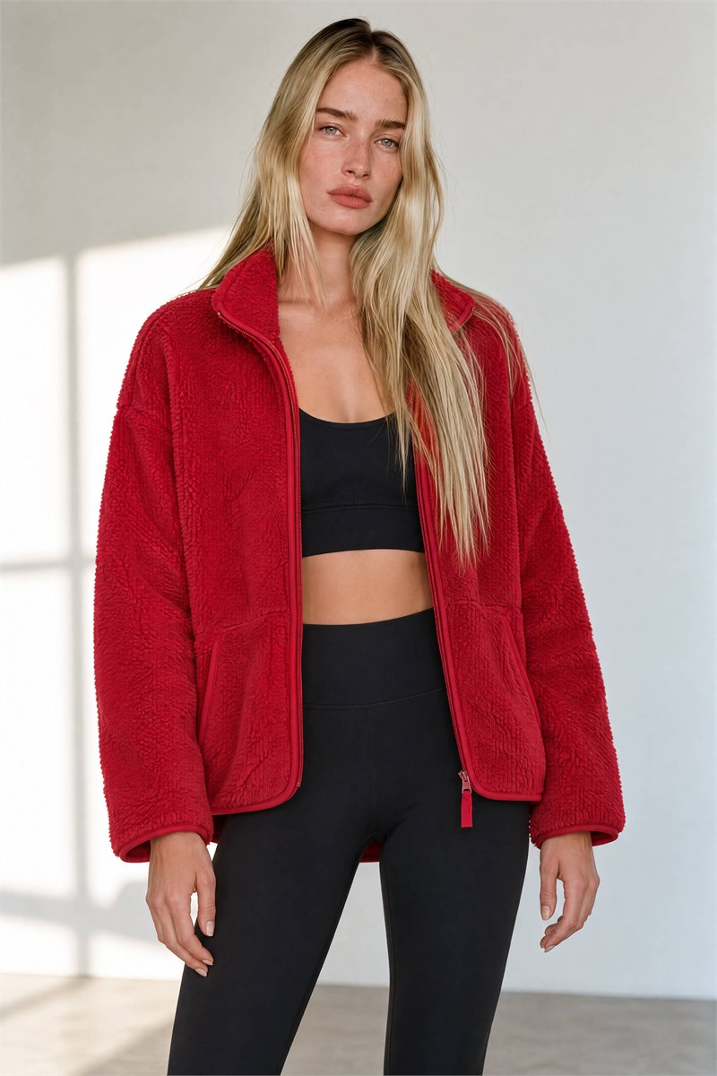 Koyu Kırmızı Fermuarlı Oversize Peluş Sweatshirt ÖN SİPARİŞ ALINMAKTADIR. 23.10.2026 TARİHİNDE KARGOYA VERİLECEKTİR